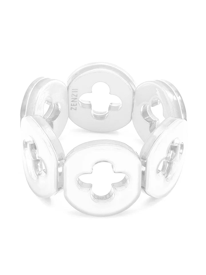 A white resin bracelet with a clover-shaped design on a white background.