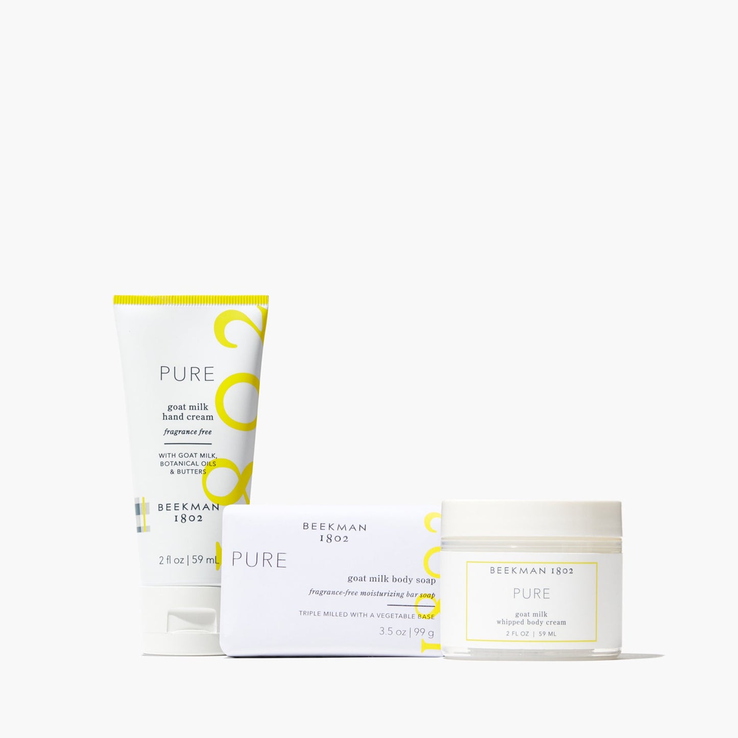 Pure goat milk hand cream, body cream, and bar of soap