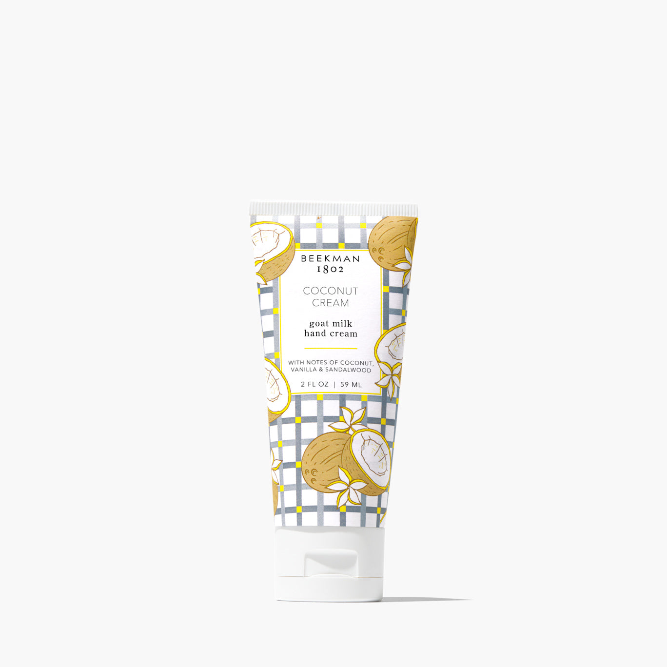 tube of Coconut Cream Hand Cream with a coconut and grey gris design