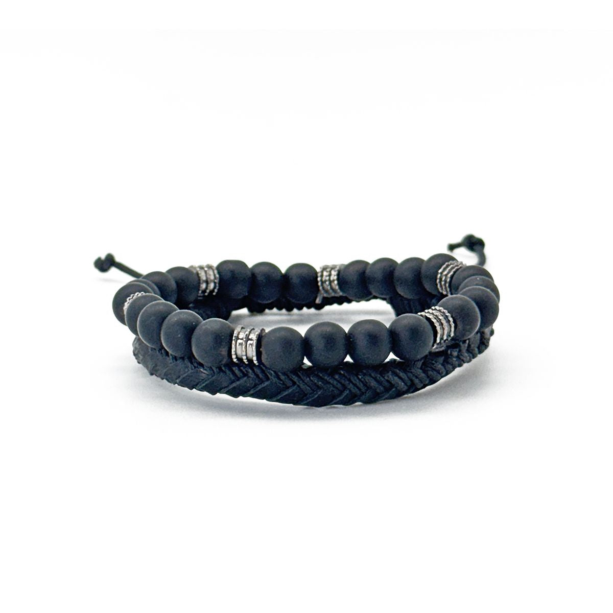 Two dark-colored bracelets with one featuring stretchable bands and the other with adjustable sliding knots, presented against a white background.