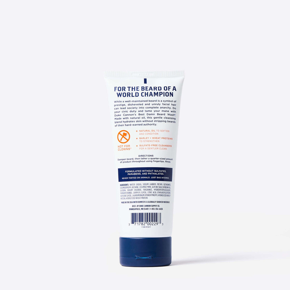 back side view of a tube of Duke Cannon Beard Wash on a white background