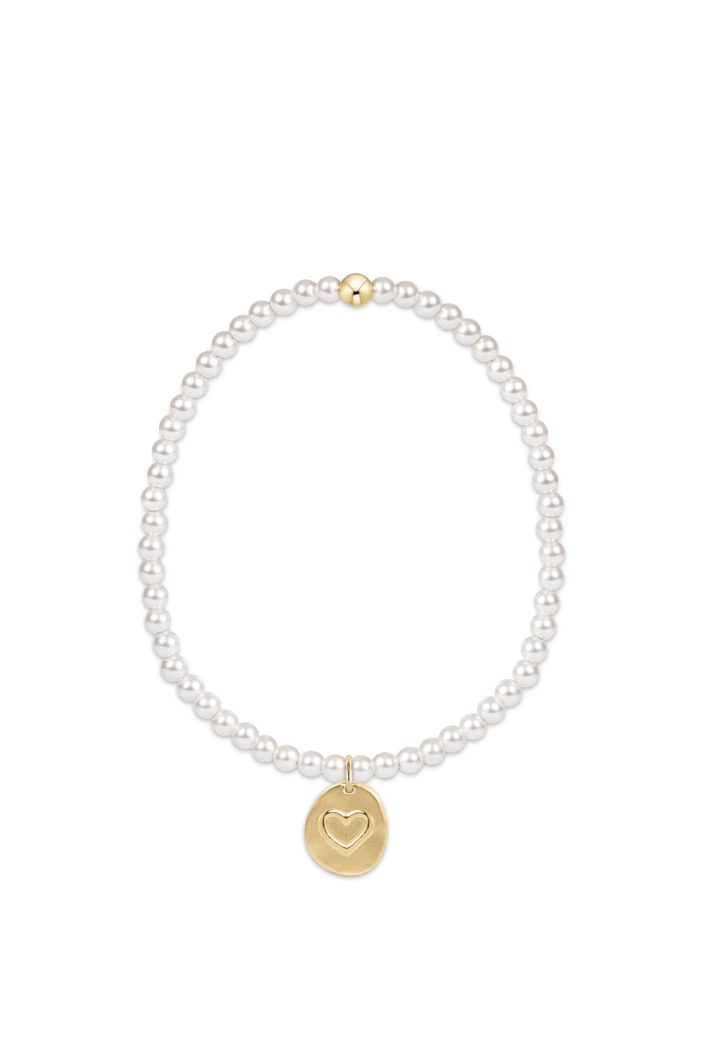 pearl bracelet with gold disk charm with heart on charm
