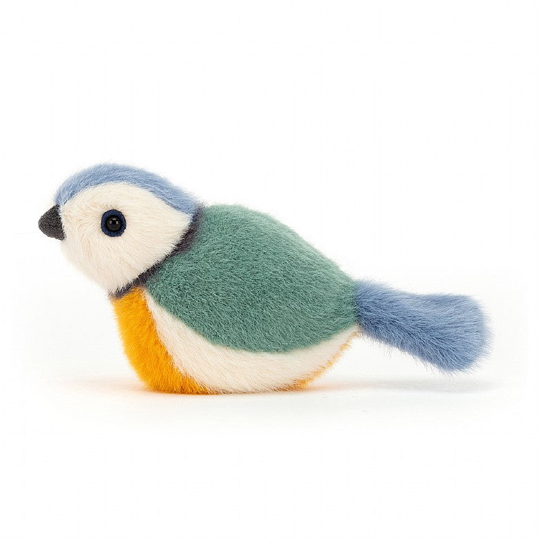 side view of the Birdling Blue Tit Plush Toy displayed against a white background