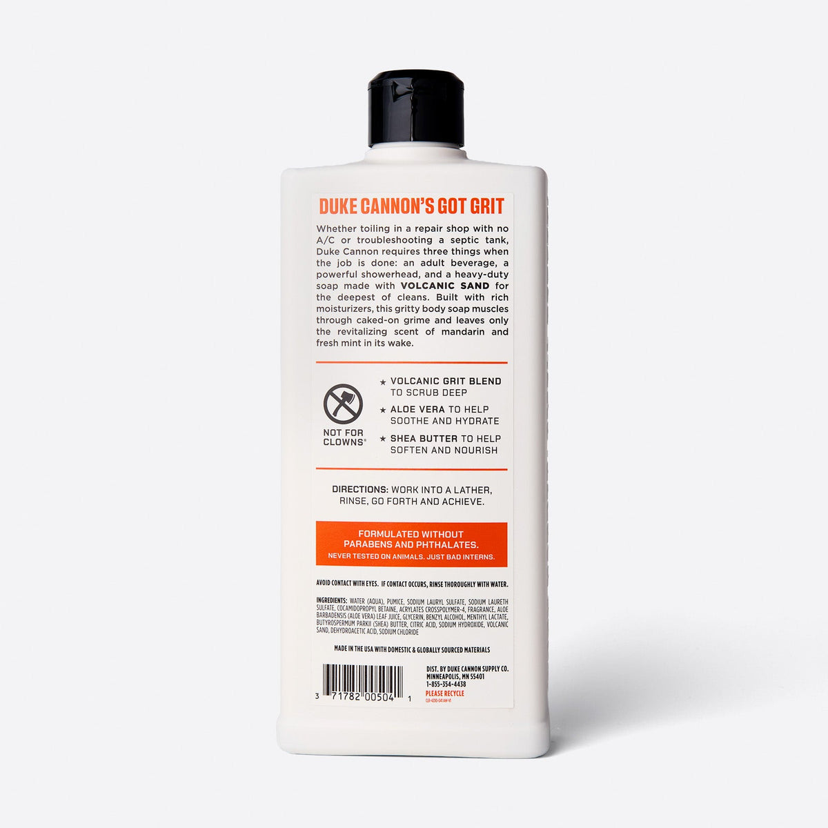 back side view of a bottle of heavy grit body wash bodywash on a white background