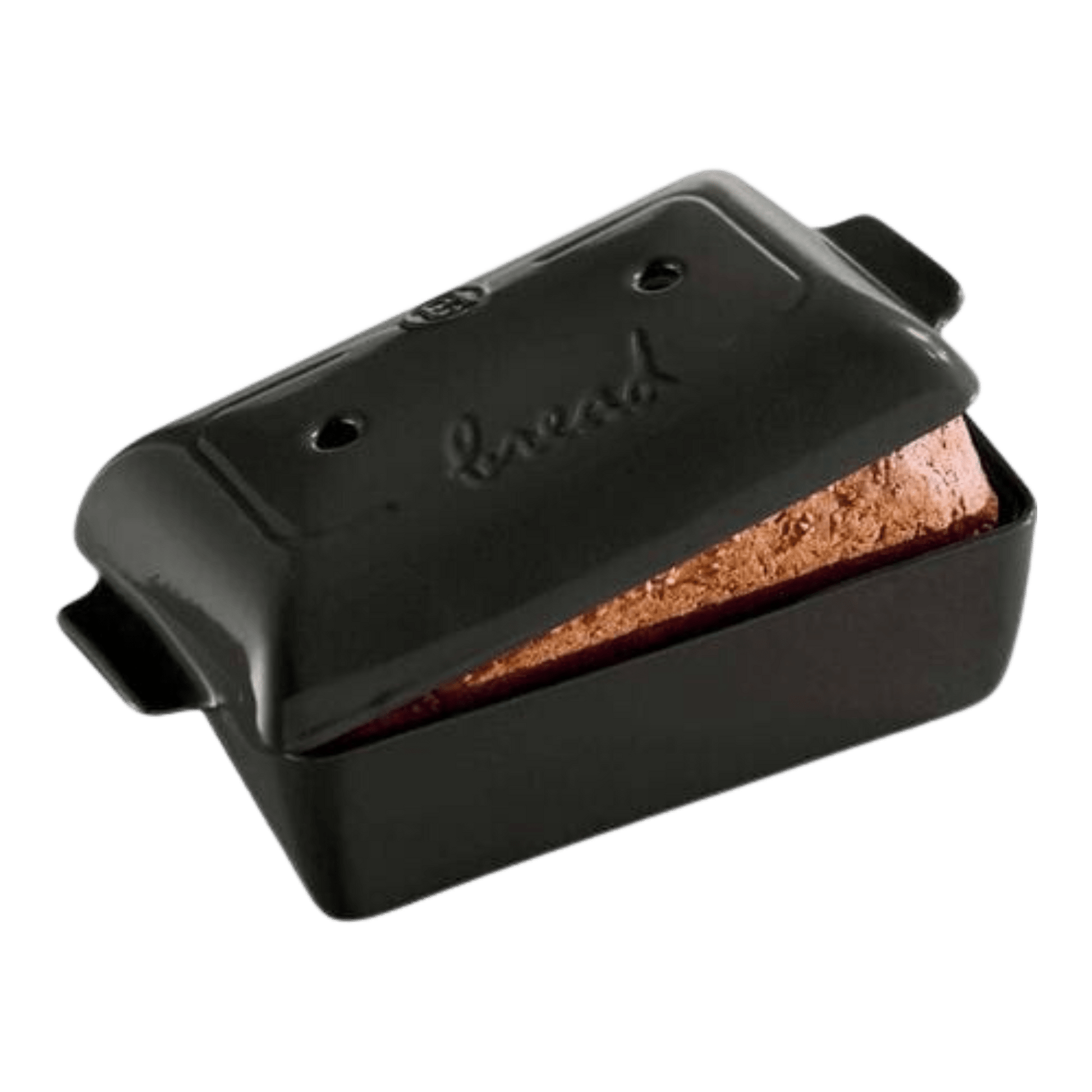 dark grey bread loaf baker with baked loaf inside and lid set askew on it.