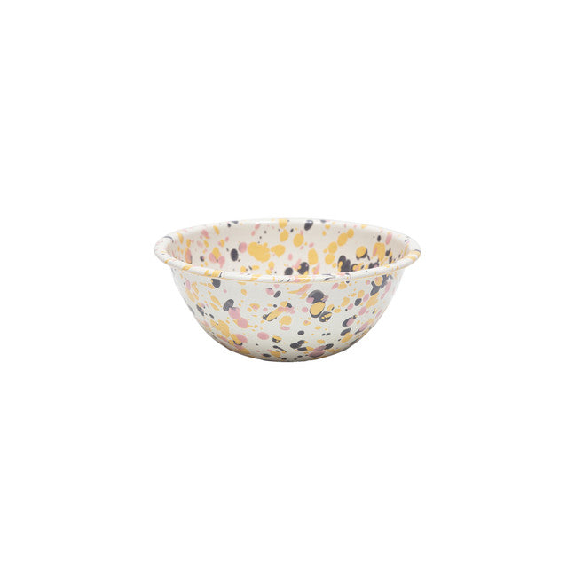 off-white small serving bowl with pink, yellow, and grey splatters.