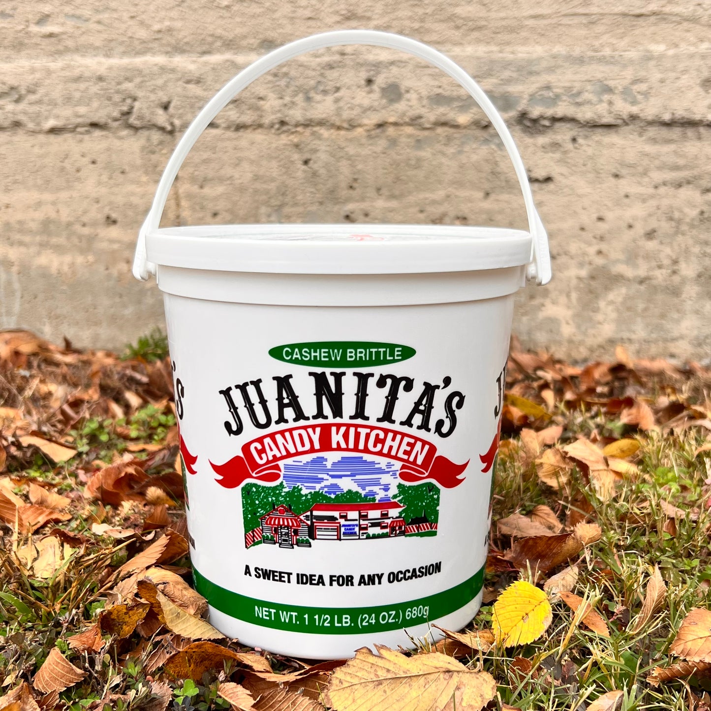 bucket of Cashew Brittle.