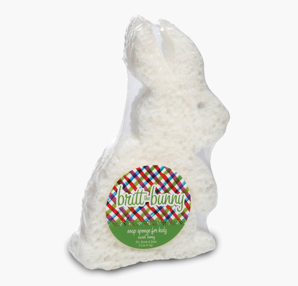 white soap sponge shaped like a bunny shown on a white background