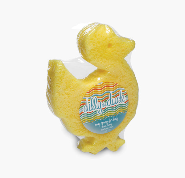 yellow soap sponge in the shape of a duck shown o a white background