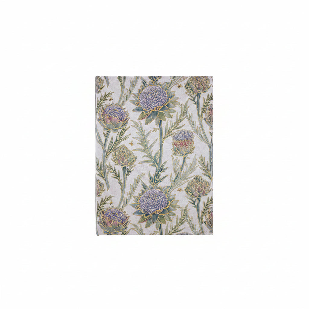 off-white book box with thistle flower design in shades of purple and green
