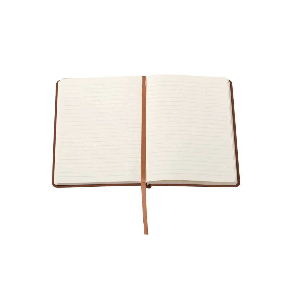 Open notebook with lined pages and a brown ribbon marker on a white background