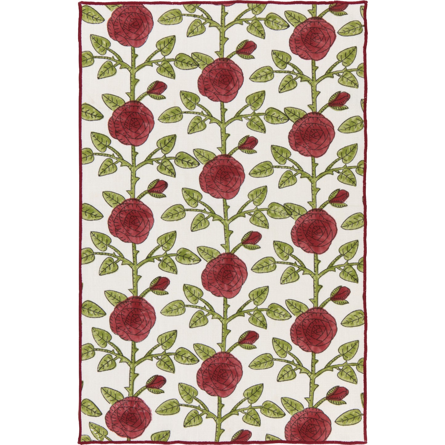 Rose Briar Block Print Dishtowel unfolded, laying flat on a white background