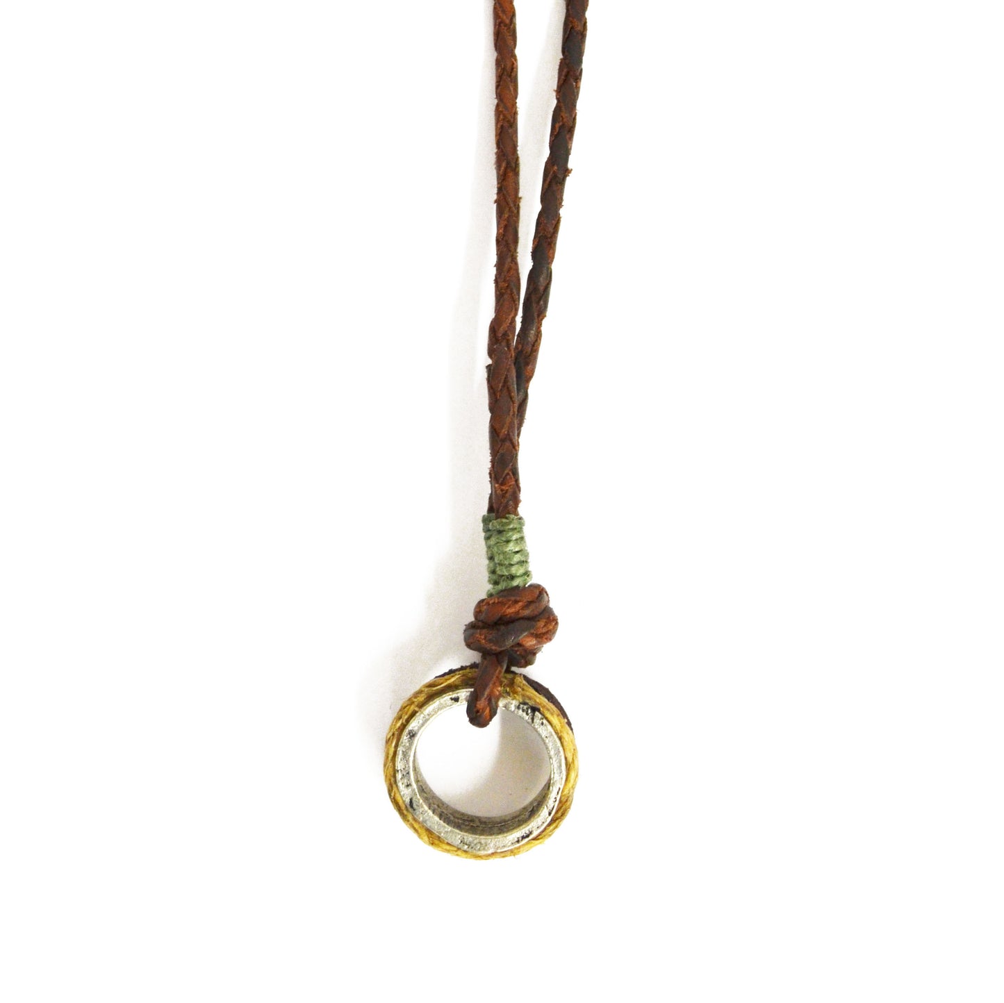 braided leather necklace with ring pendant on a white background.