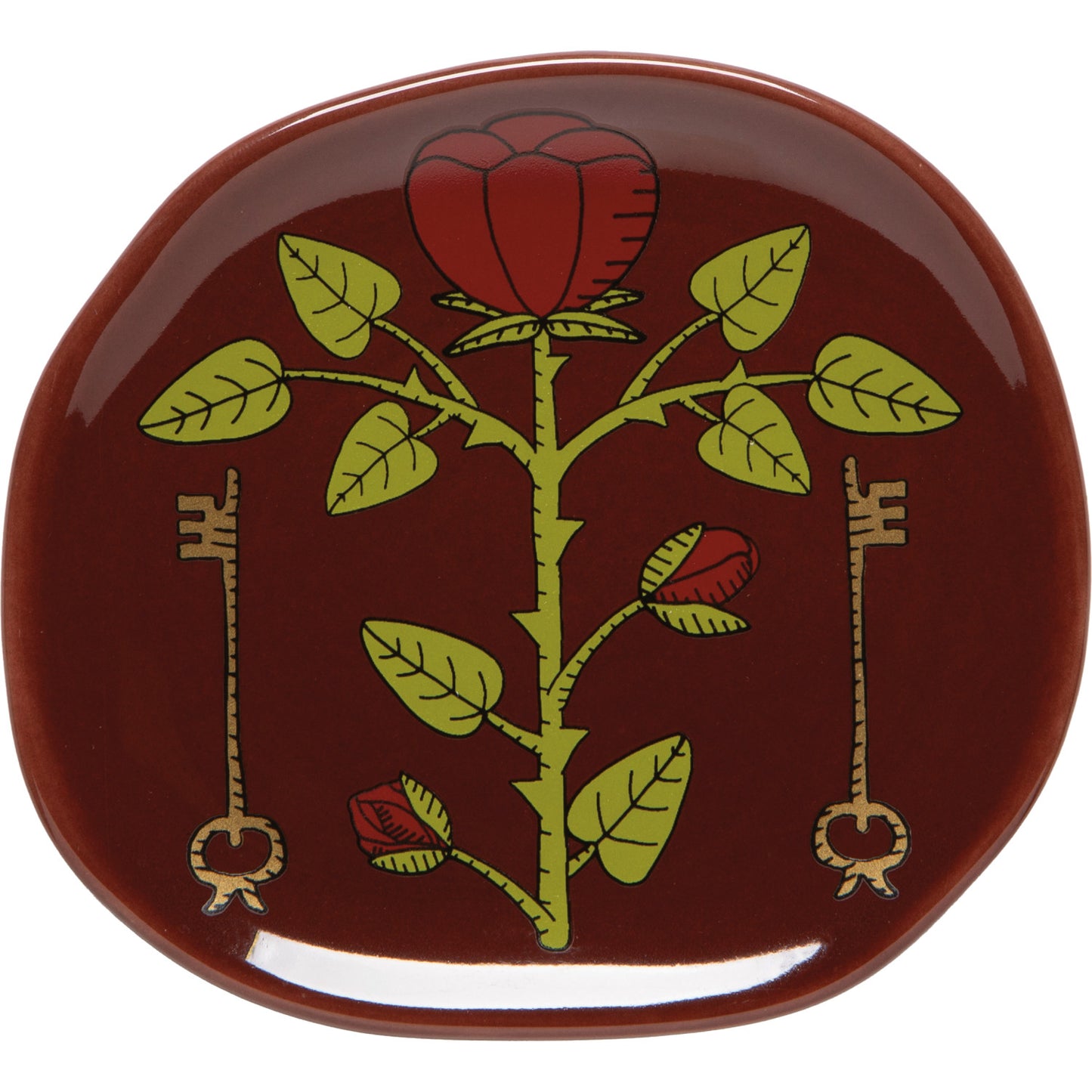 maroon Trinket Tray with rose and key design shown on a white background
