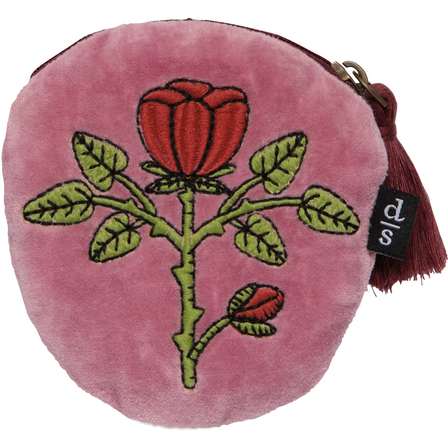 Pink coin purse with embroidered red rose design on a white background