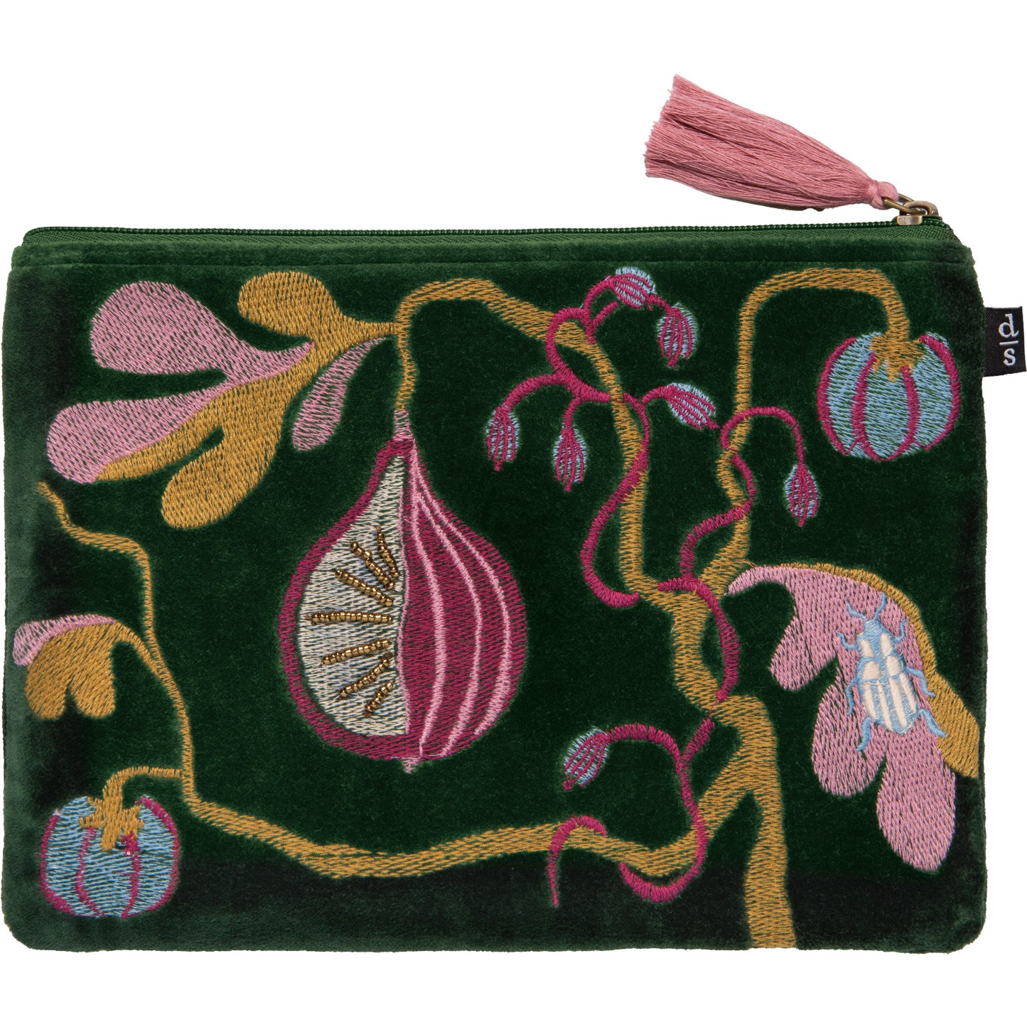 front view of emerald Pome Flat Pouch with floral design embroidered on it