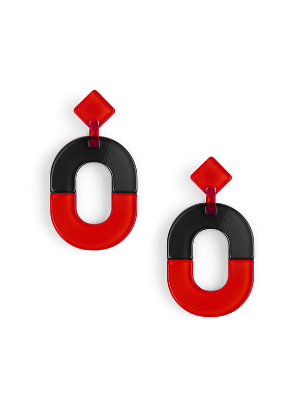 red and black oval earrings shown on a white background