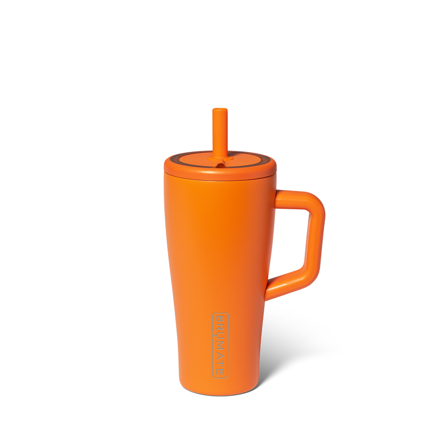 Orange tumbler with handle and straw on a white background