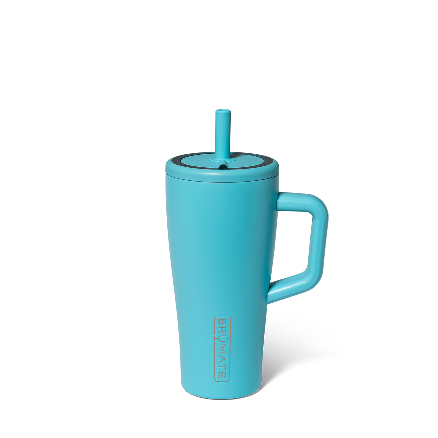 Turquoise tumbler with handle and straw on a white background