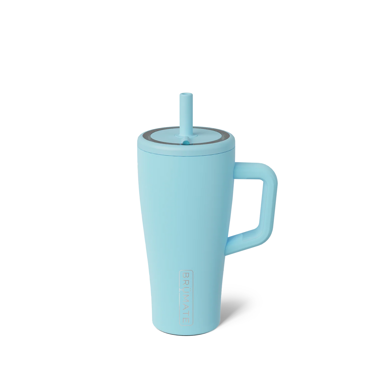 light bright blue tumbler with handle, lid, and straw shown on a white background