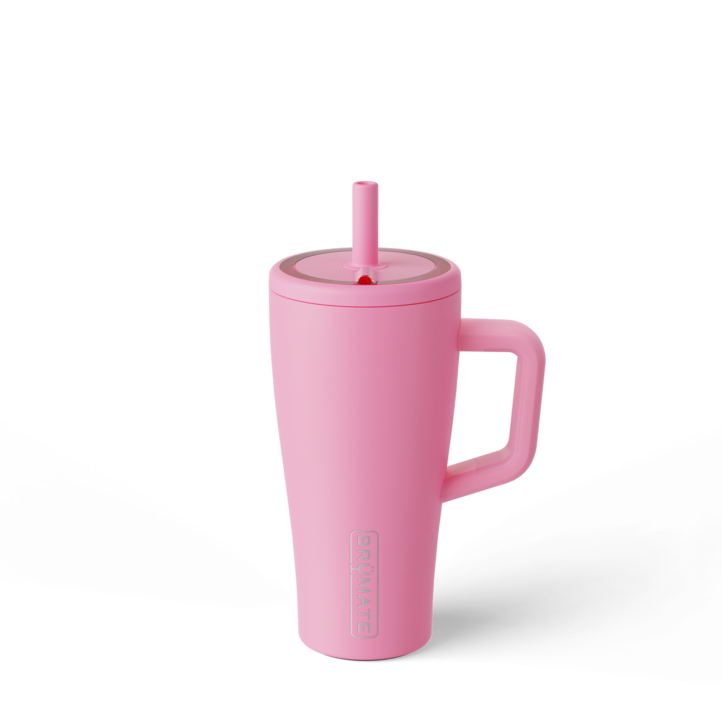 Pink 20 ounce insolated travel tumbler with a handle and straw on a white background
