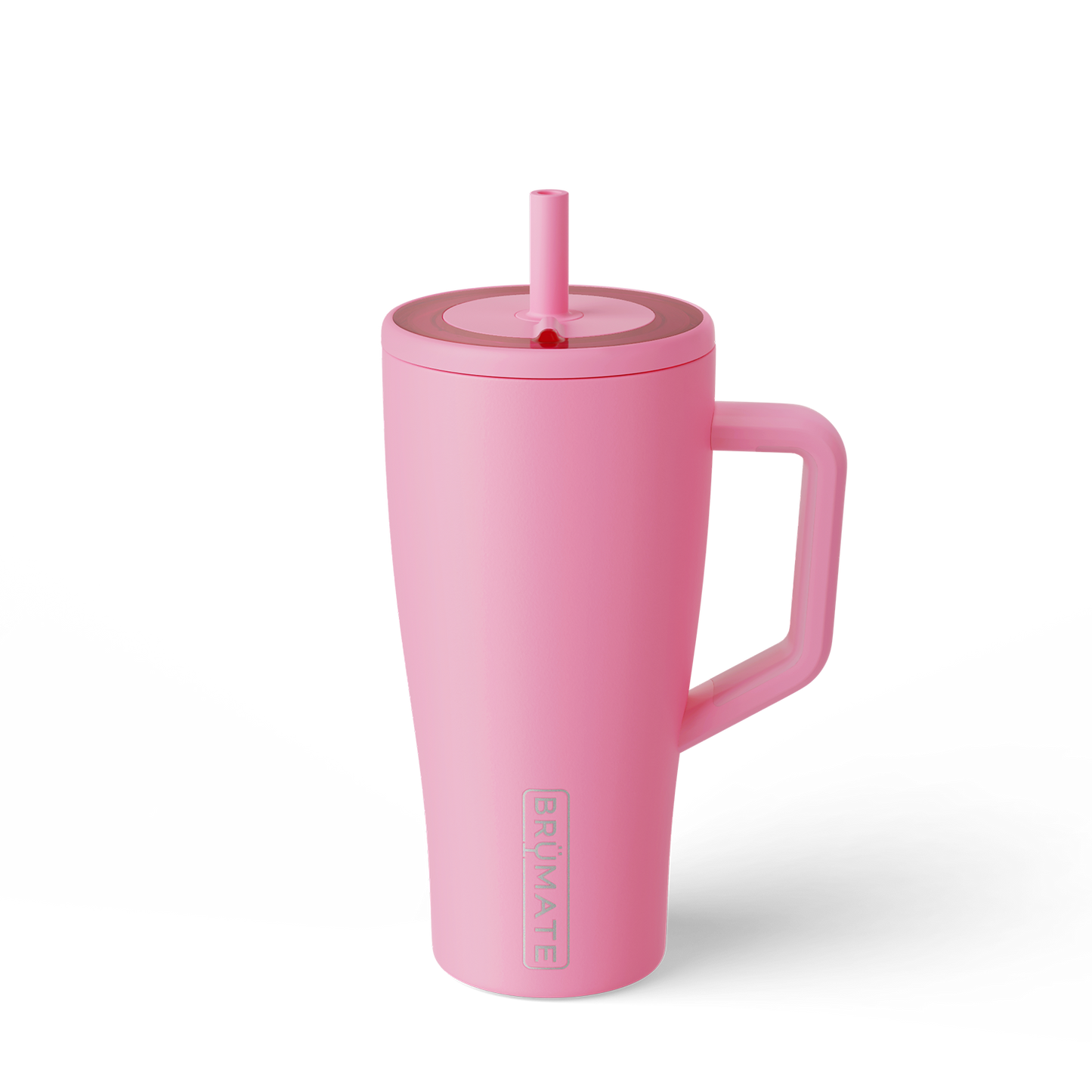Pink 30 ounce insolated travel tumbler with handle and straw on a white background