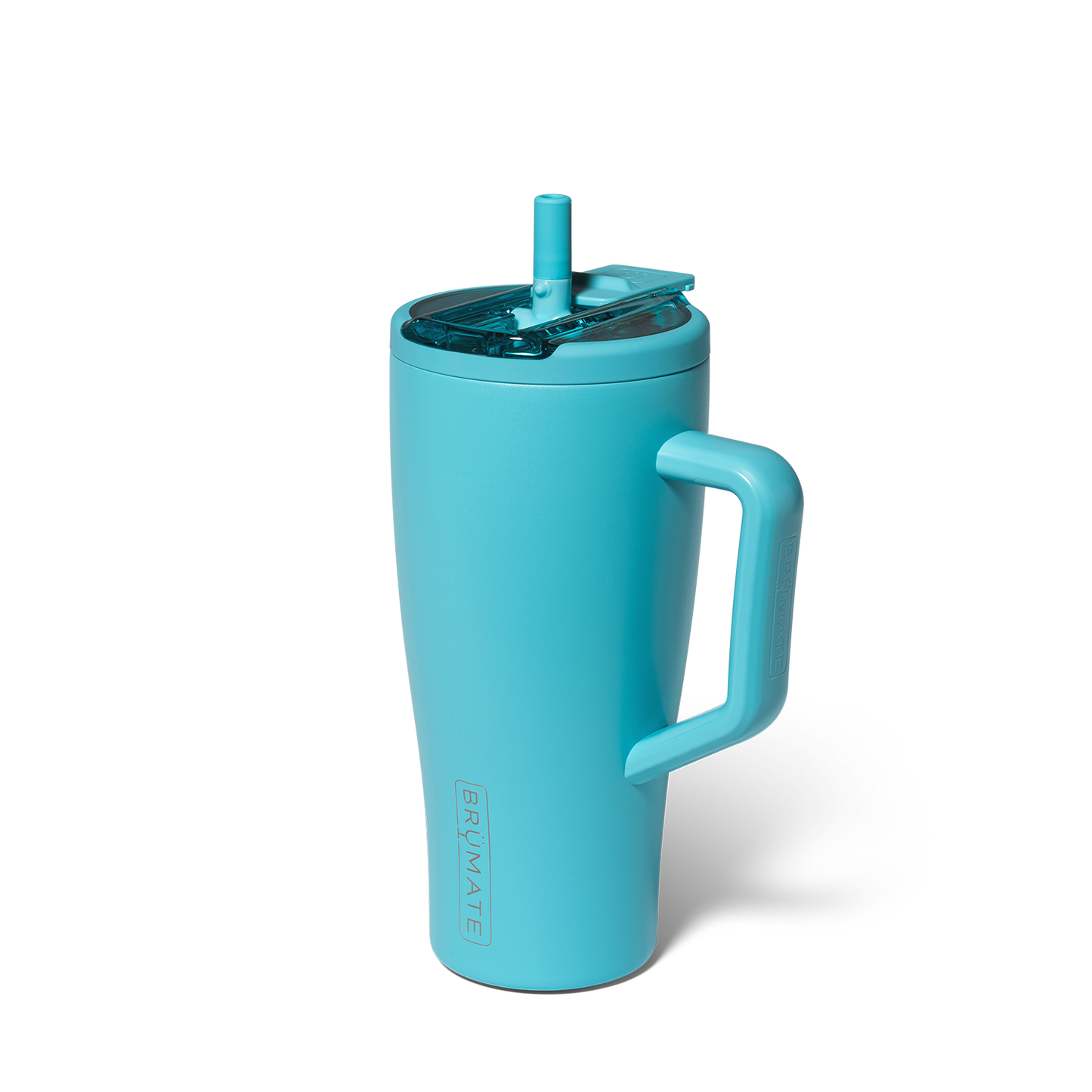 Turquoise insulated tumbler with handle and straw lid on a white background