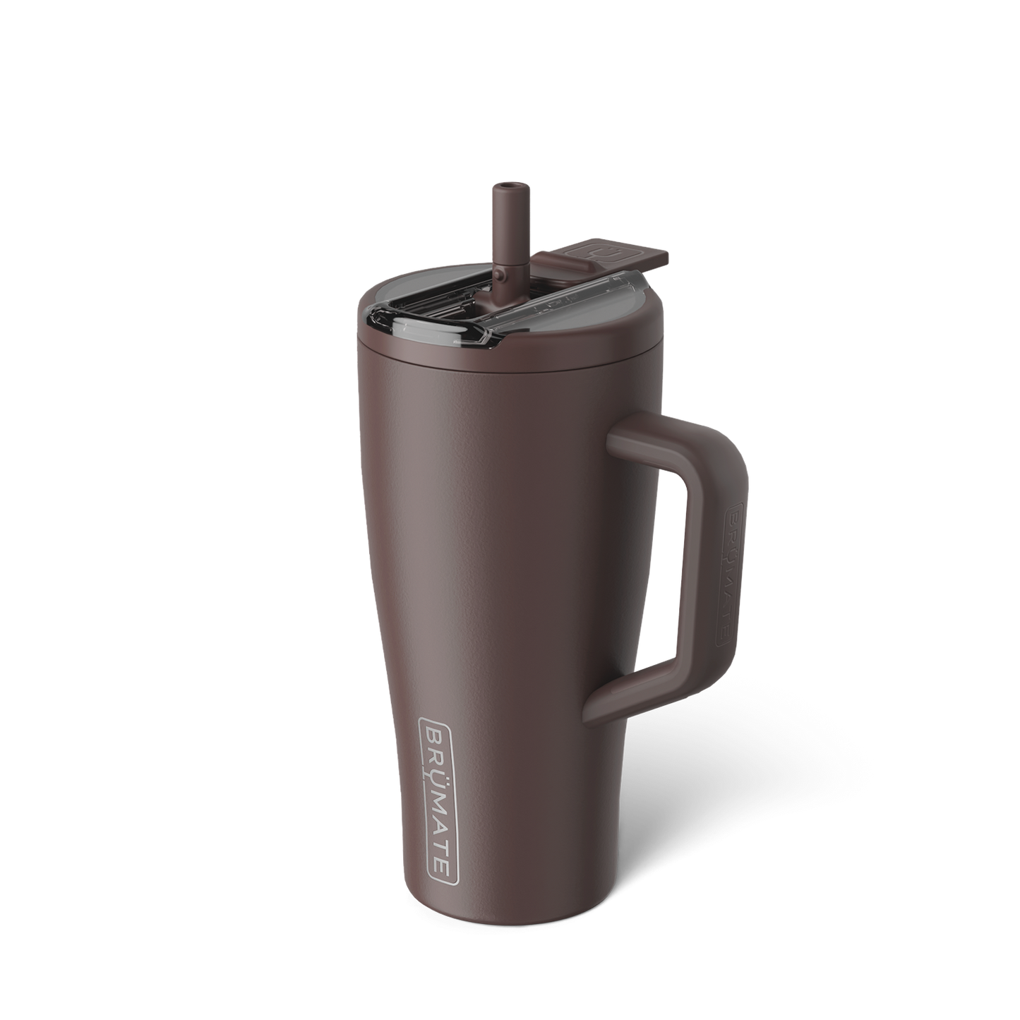 coffee brown tumbler with flip straw lid shown on a white background