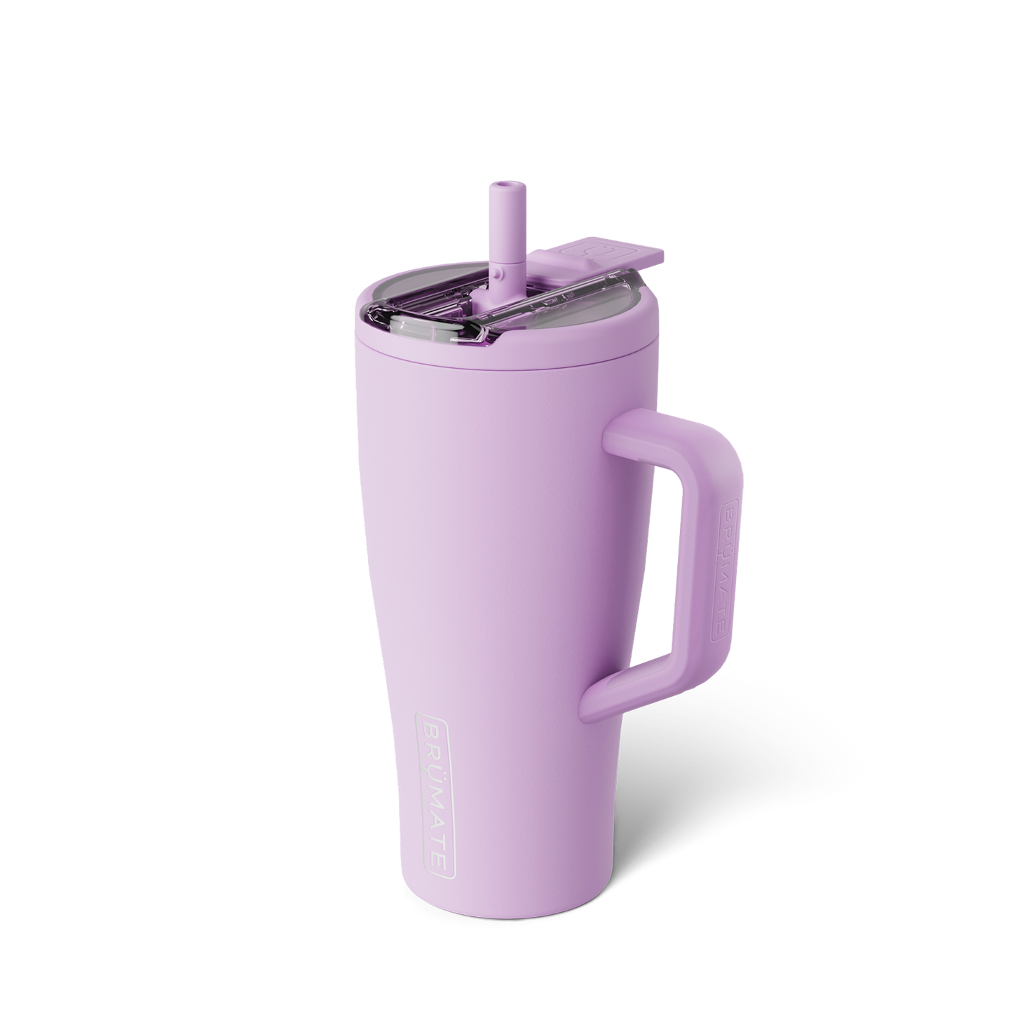 lavender hued tumbler with flip straw lid shown on a white background