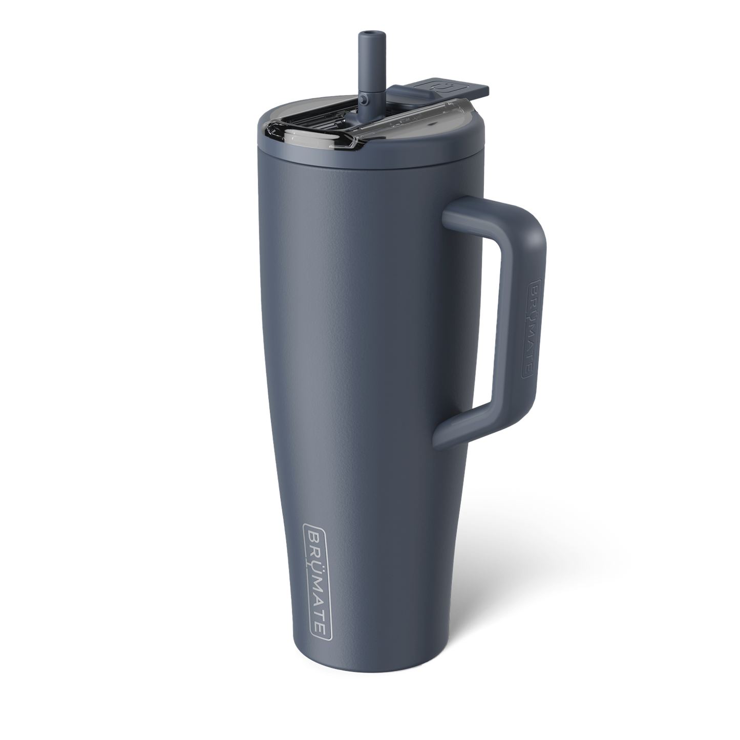 muted navy colored 40 ounce tumbler with flip straw lid shown on a white background