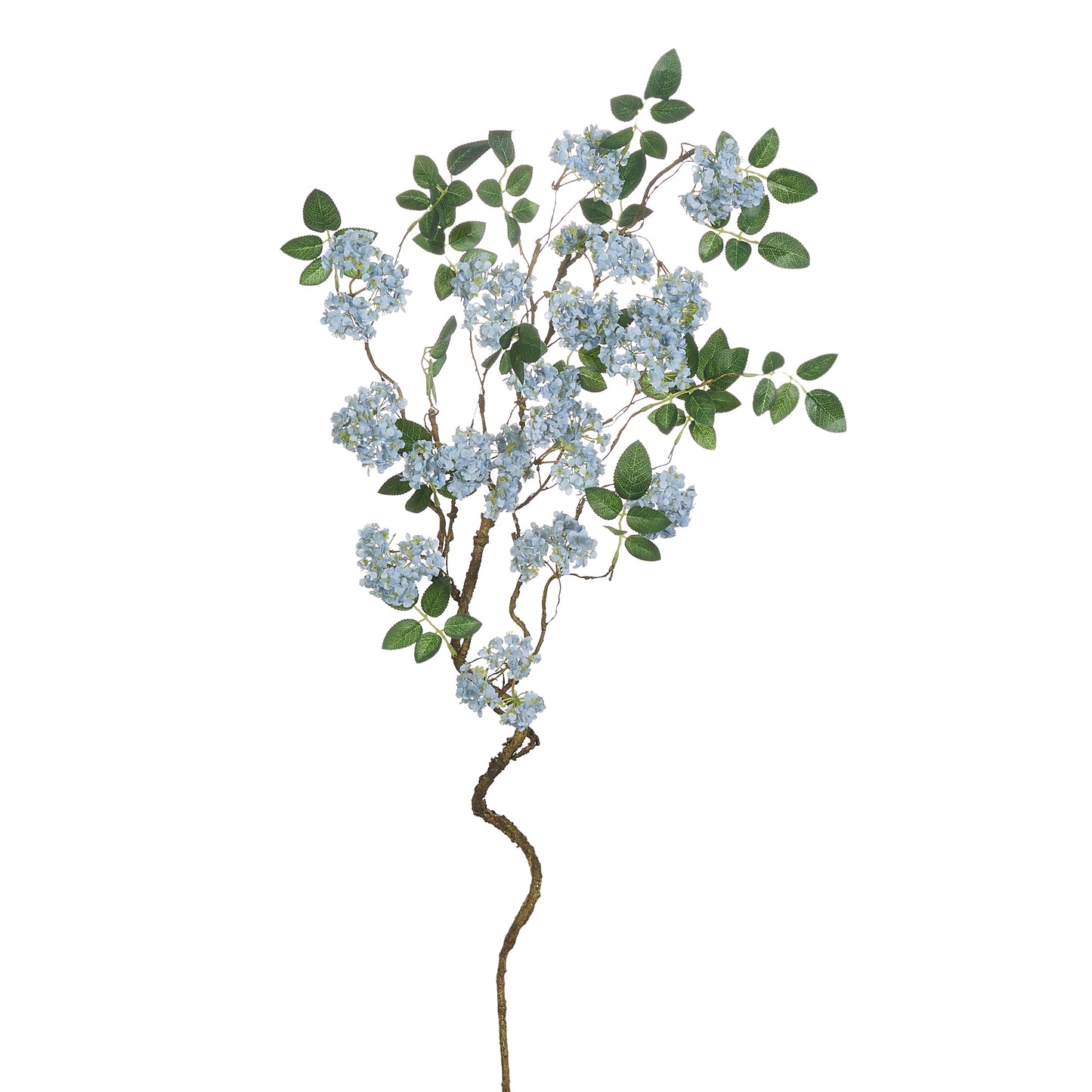decorative branch featuring blue blossoms and green leaves