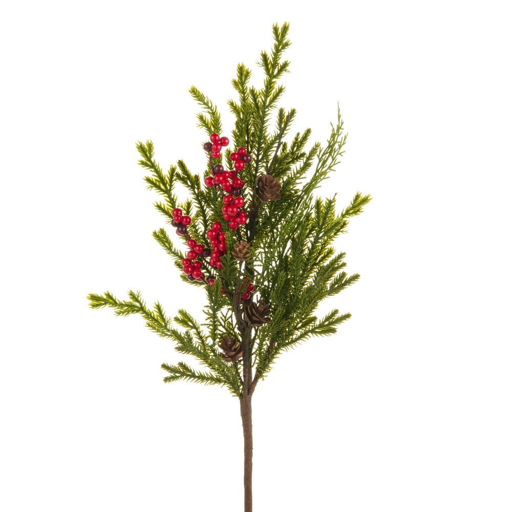 artificial stem with red berries, small pinecones, and pine greenery