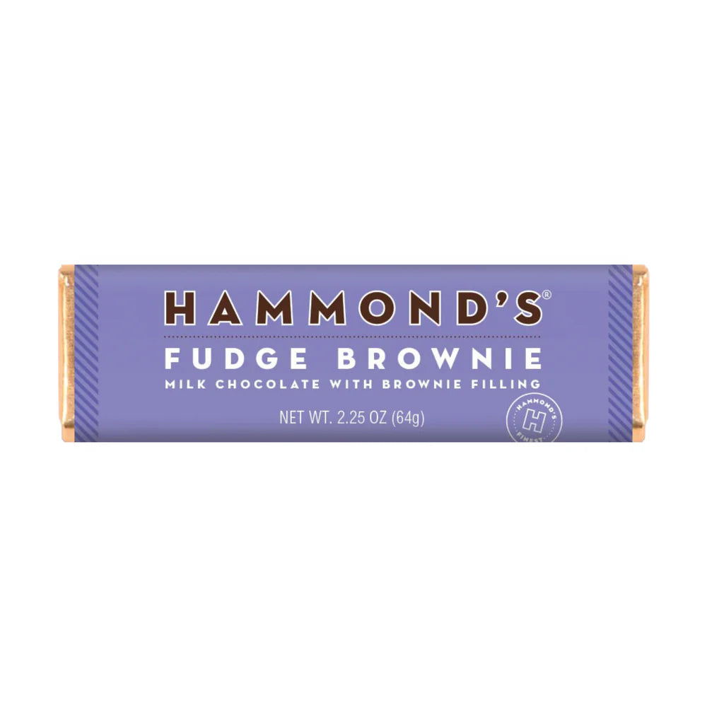 Fudge Brownie Milk Chocolate Candy Bar in its paper packaging