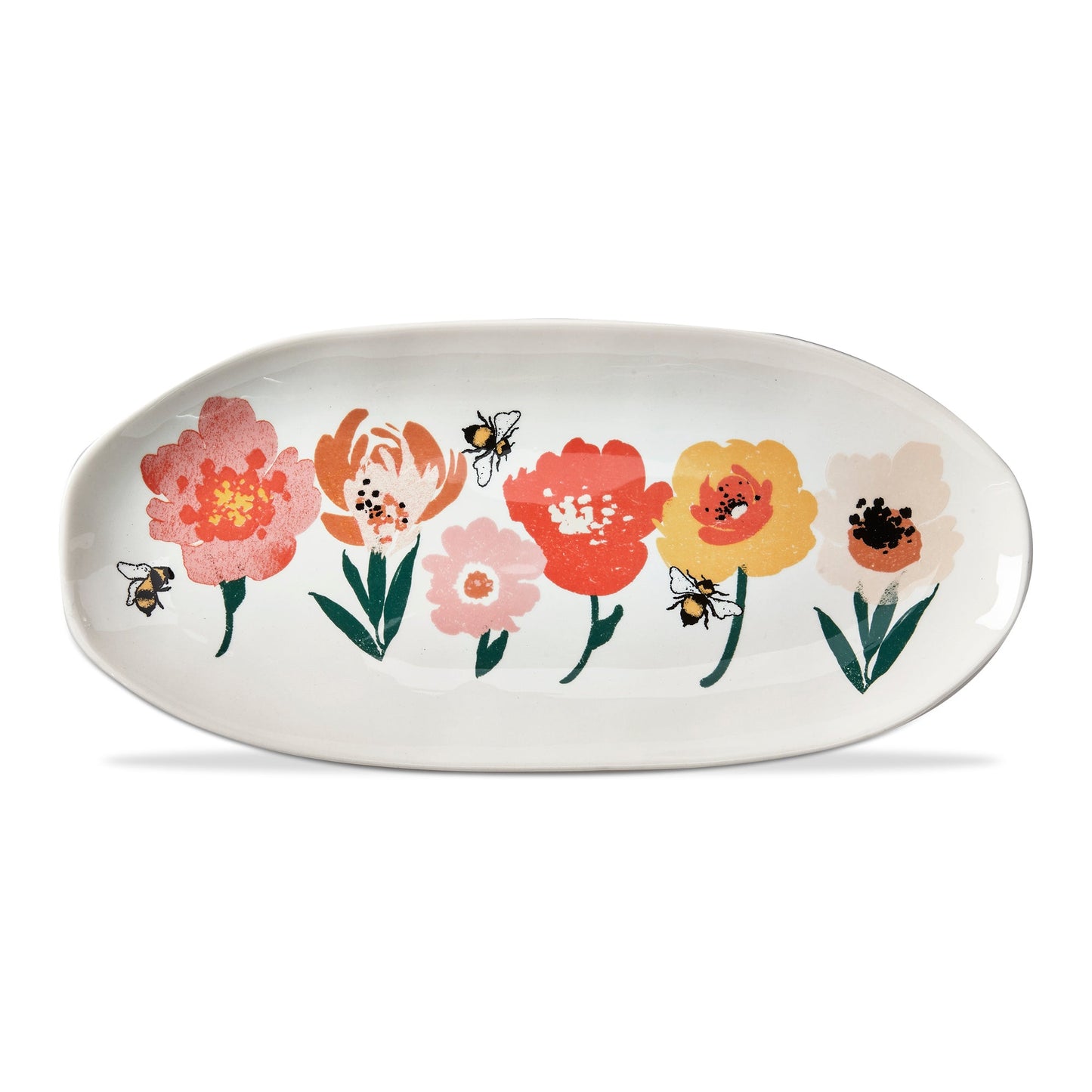 Bee Blossom Oval Platter with orange and yellow flowers printed on it