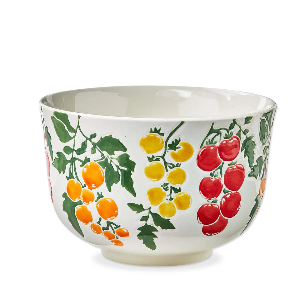 Garden Tomato Serving Bowl with red, orange, and yellow tomato design