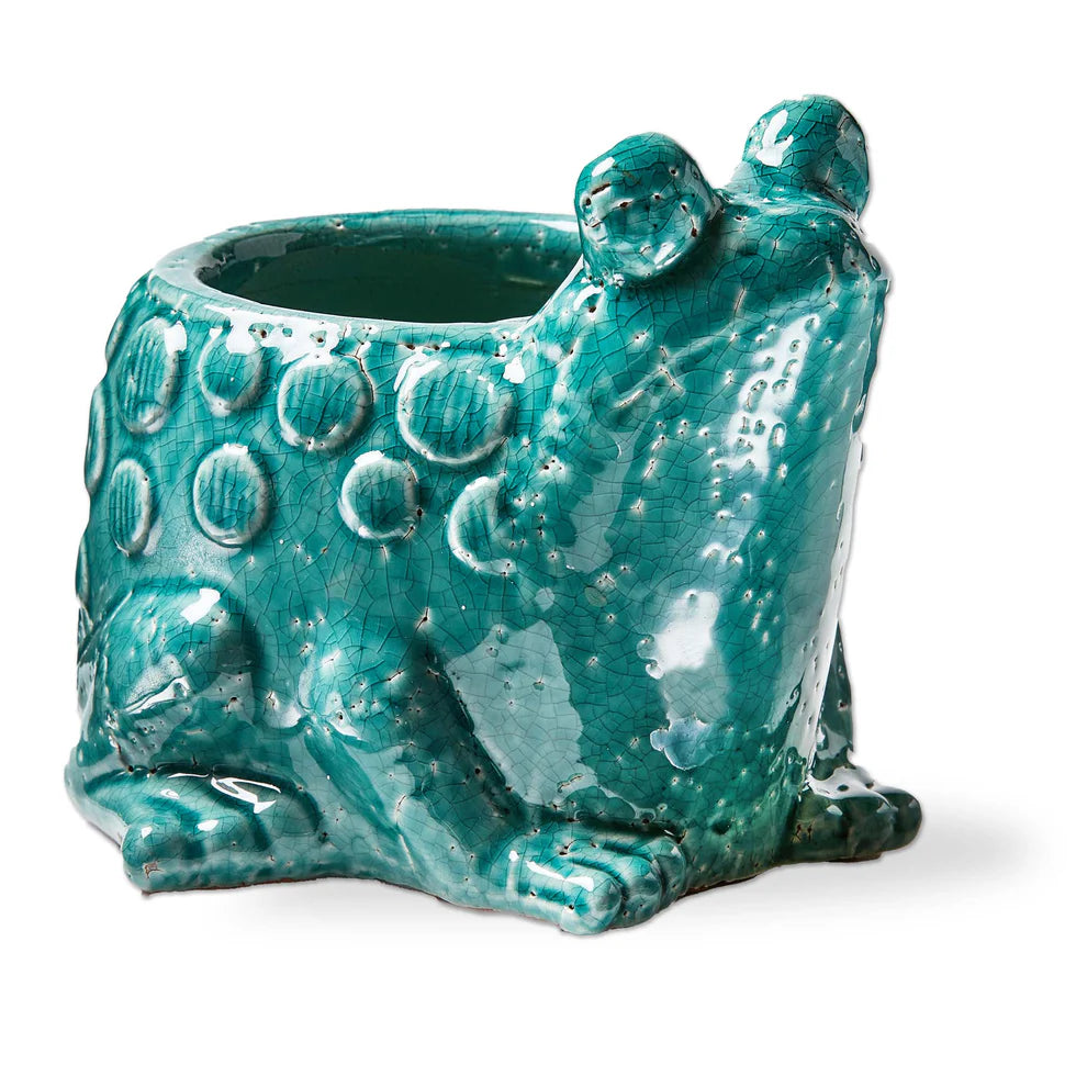 A terracotta frog planter with a teal glaze, featuring a sculpted frog design