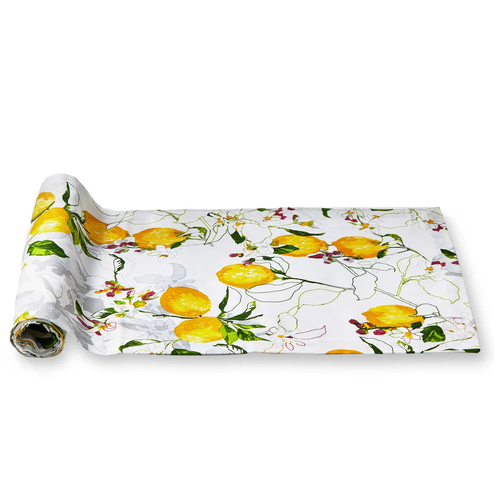 Lemoncello Table Runner partially rolled on one end.