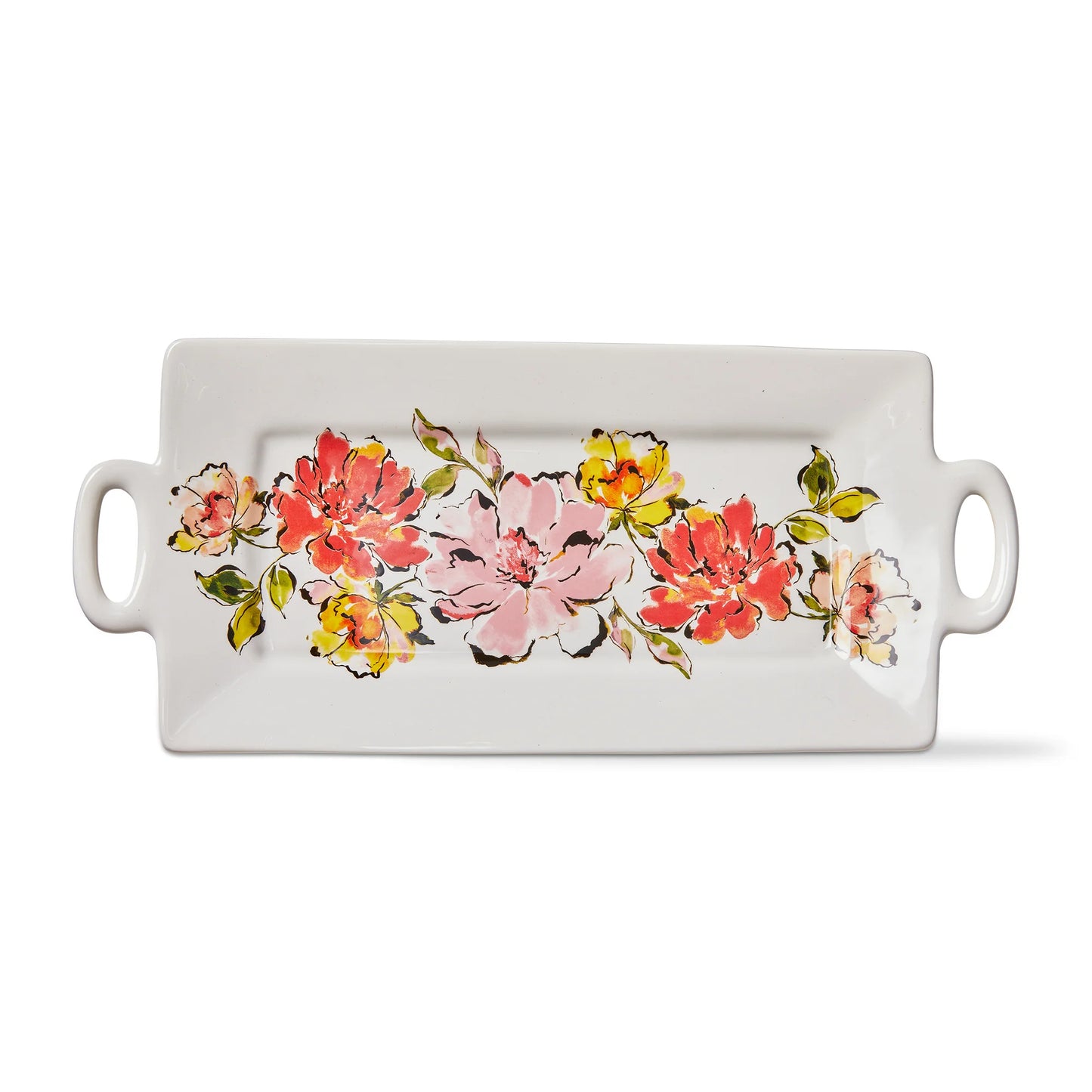 Rectangular ceramic tray with floral design on a white background