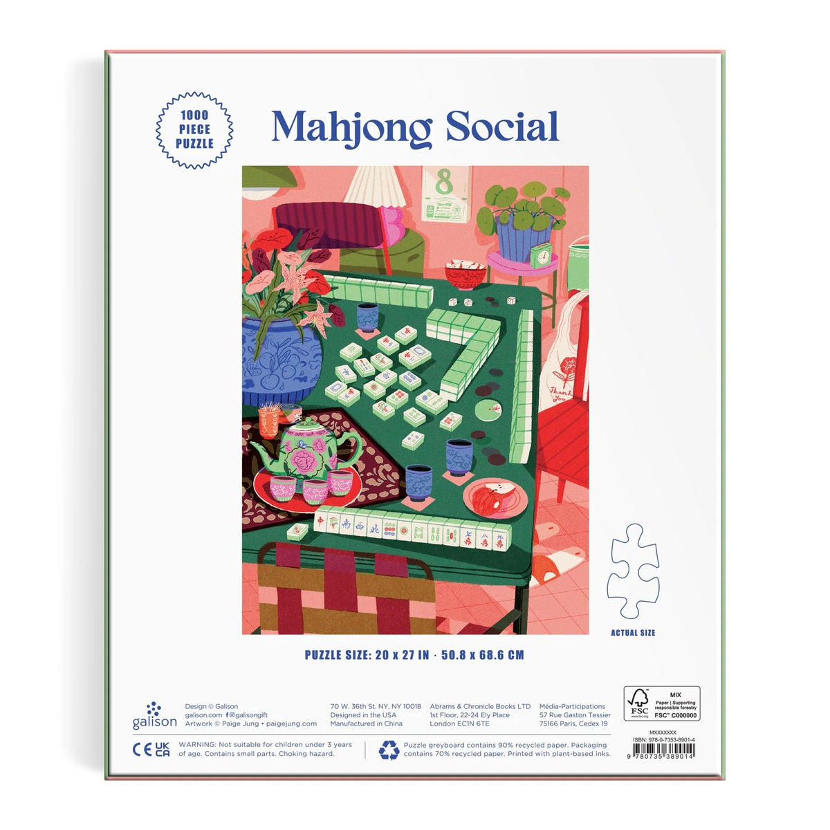 back view of Jigsaw puzzle packaging for 'Mahjong Social' with a colorful illustration of a room with a table set for tea.