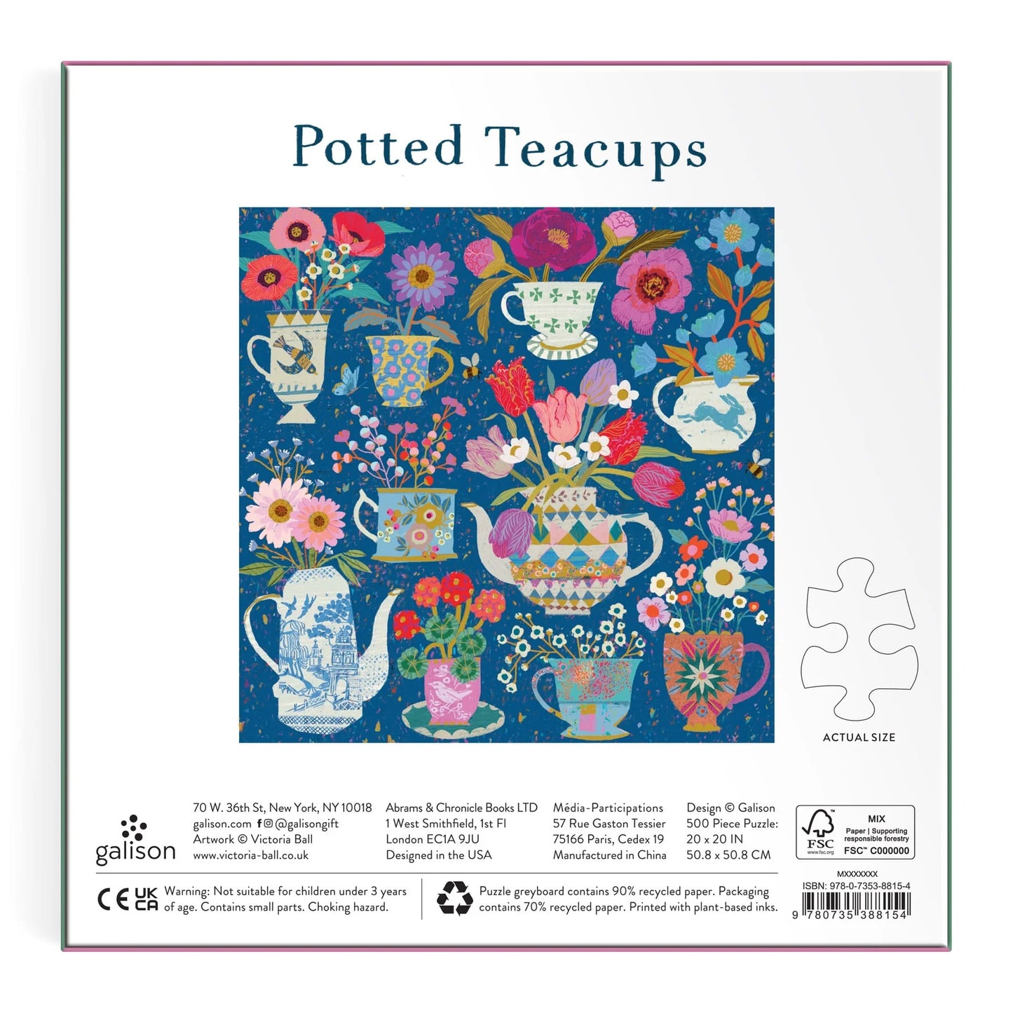 back view of Puzzle packaging for 'Potted Teacups' with teacups and flowers on a blue background.