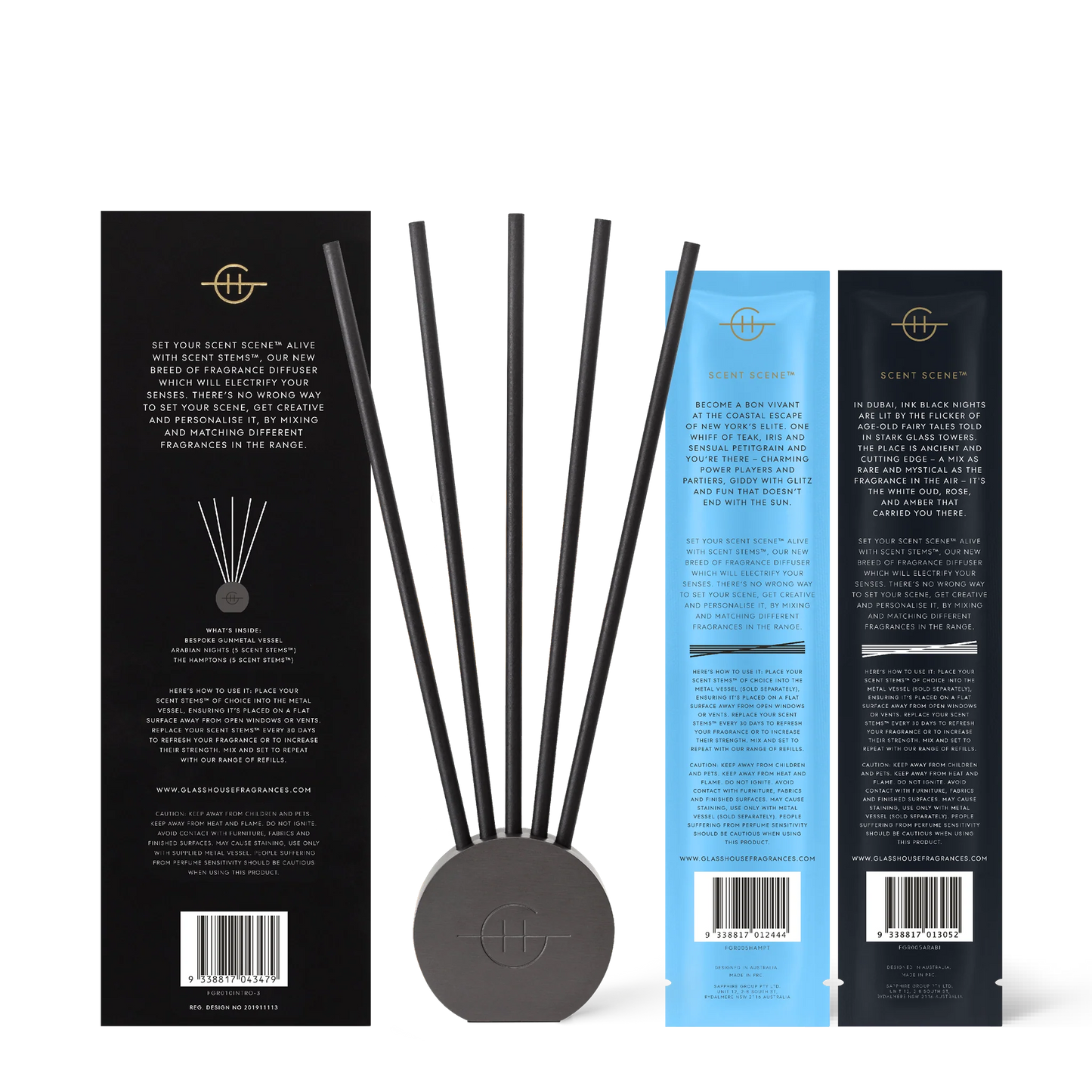 Back view of all packaging for Arabian nights and the Hamptons scent scene duo.