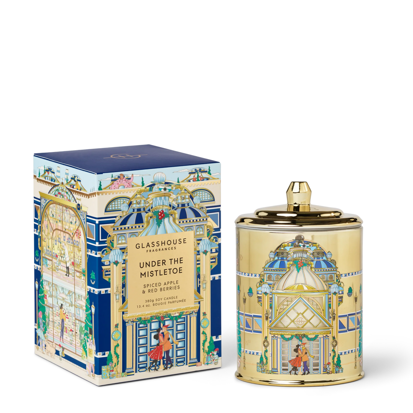 Under The Mistletoe Candle set next to its box packaging showing a side view of the box