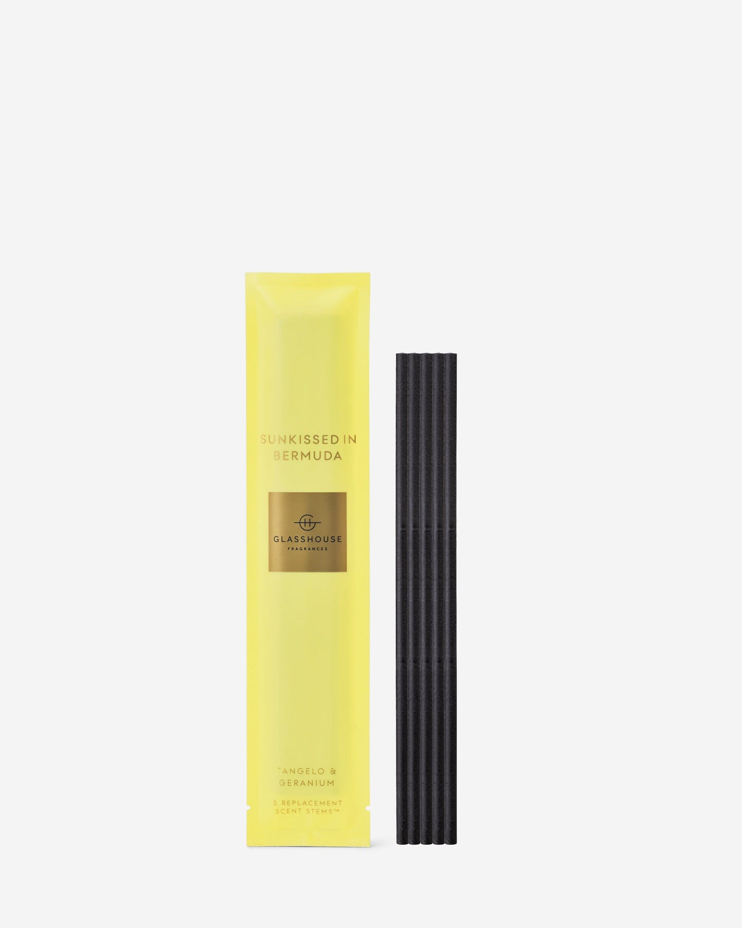 Sunkissed In Bermuda 5 Replacement Scent Stems set next to their yellow packaging