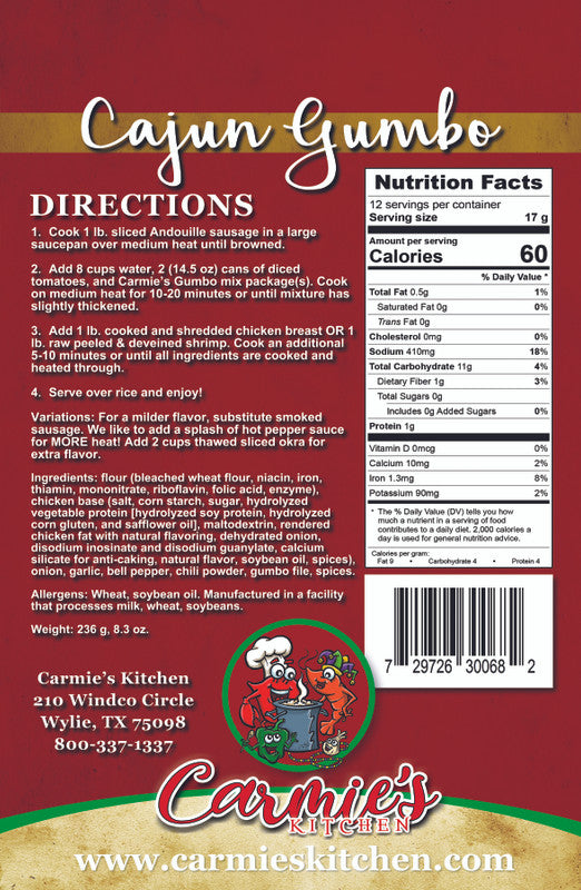 Cajun Gumbo package with directions, nutrition facts, and Carmie's Kitchen branding. Call 501-327-2182 for more information