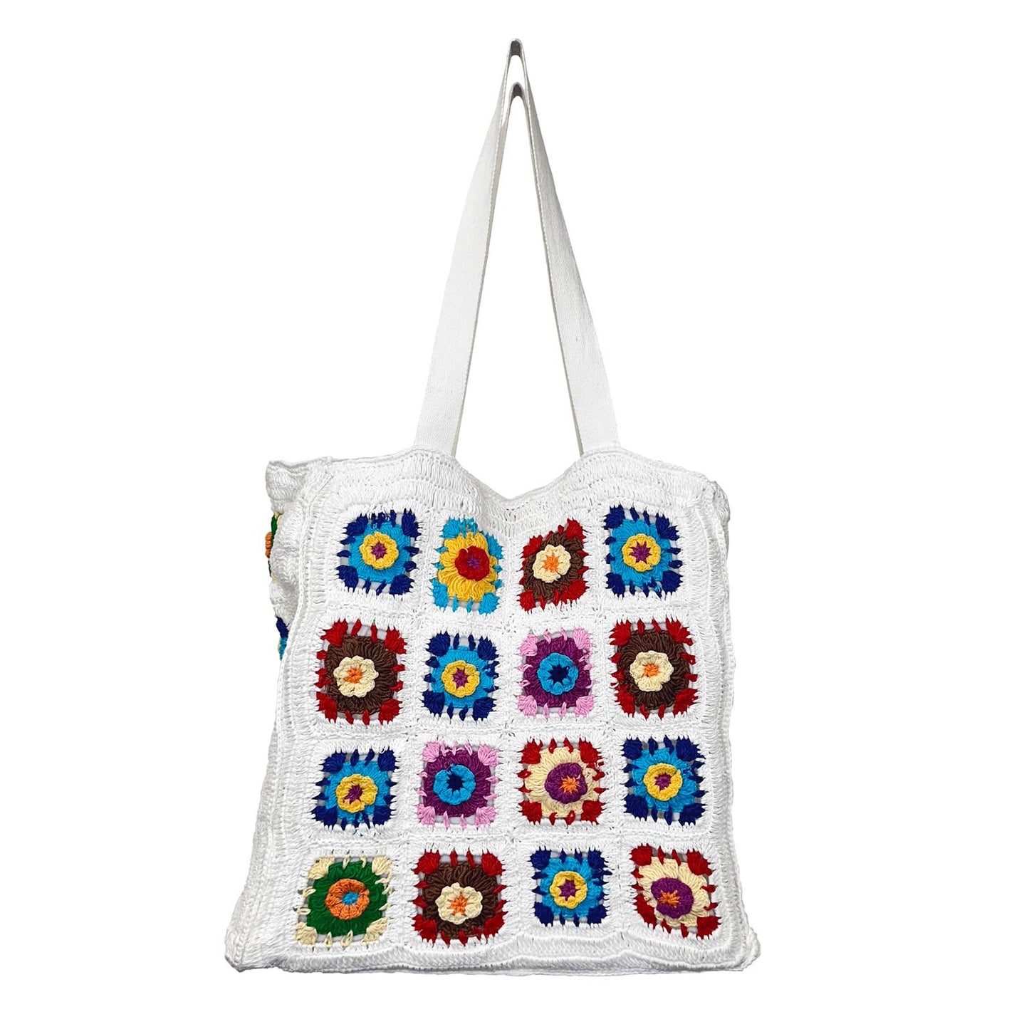 crochet white tote with colorful granny squares