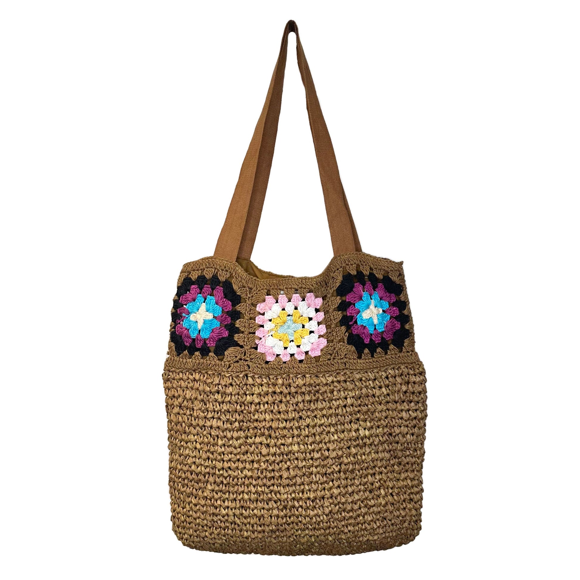 crochet brown jute bag with granny square top boarder.