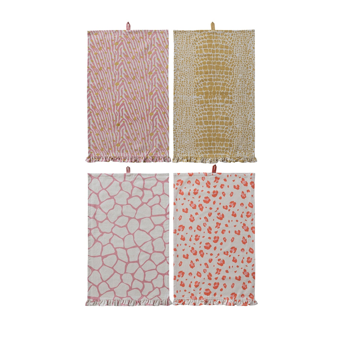 4 styles of Animal Print Tea Towels laying flat on a white background