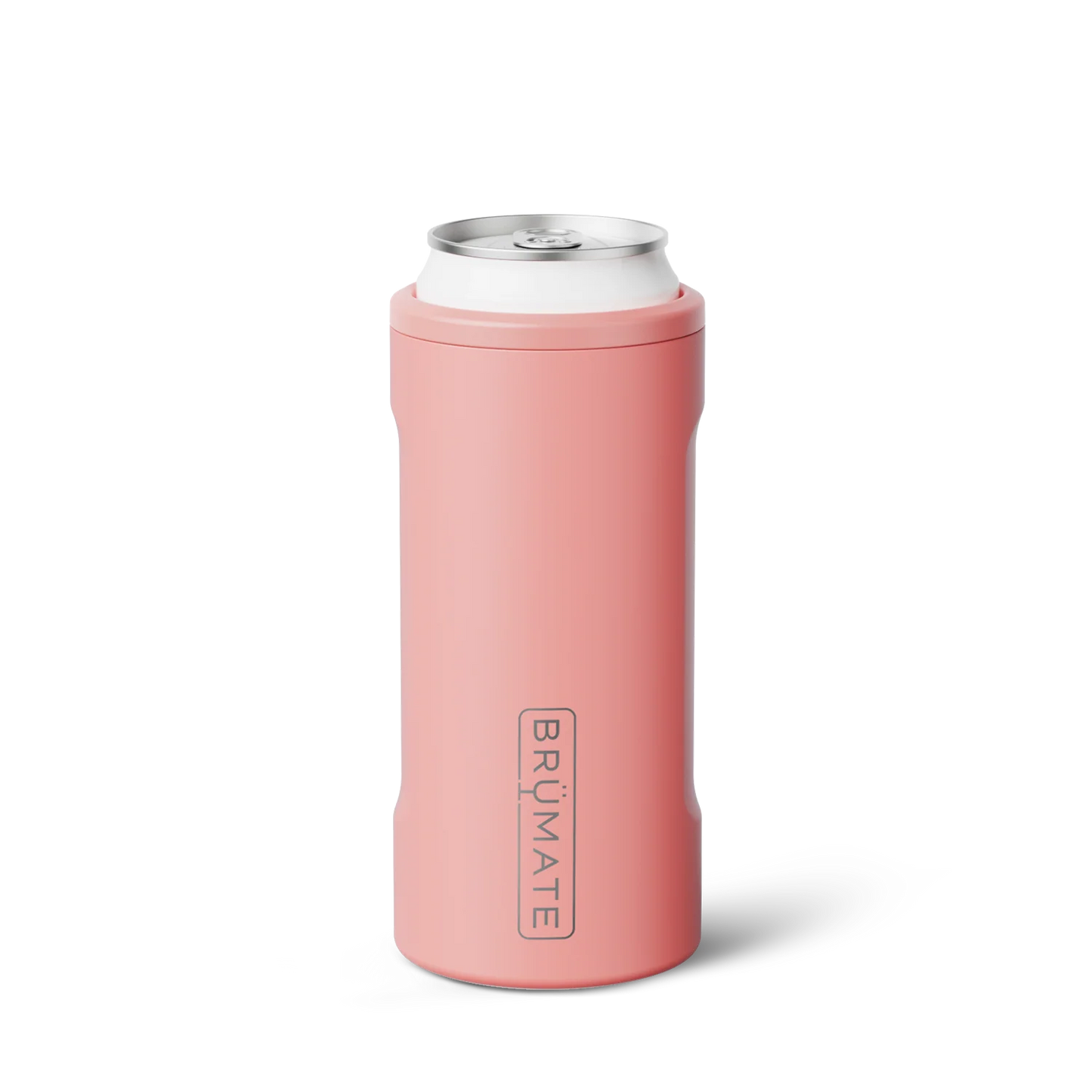 coral pink slim can cooler shown on a white background