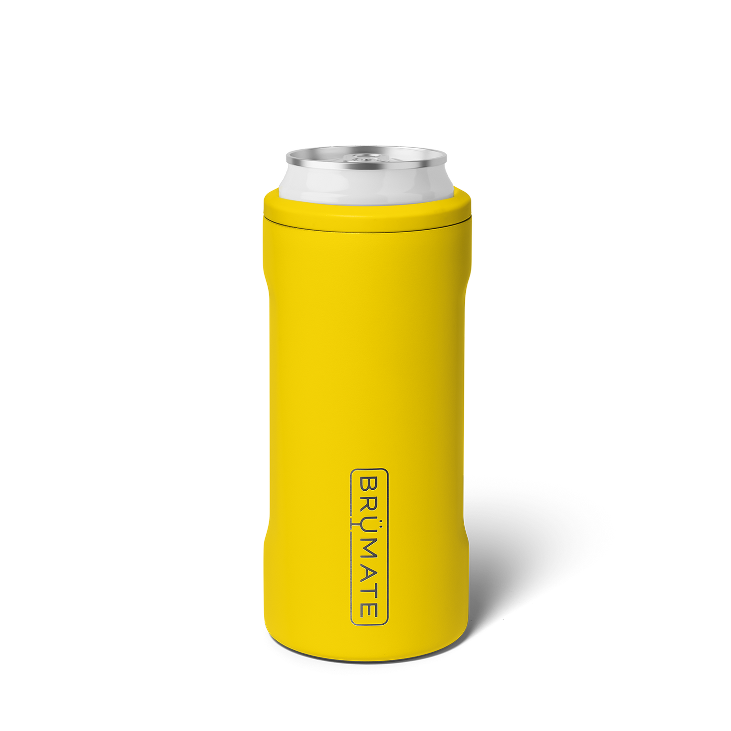 Yellow slim can cooler shown on a white background