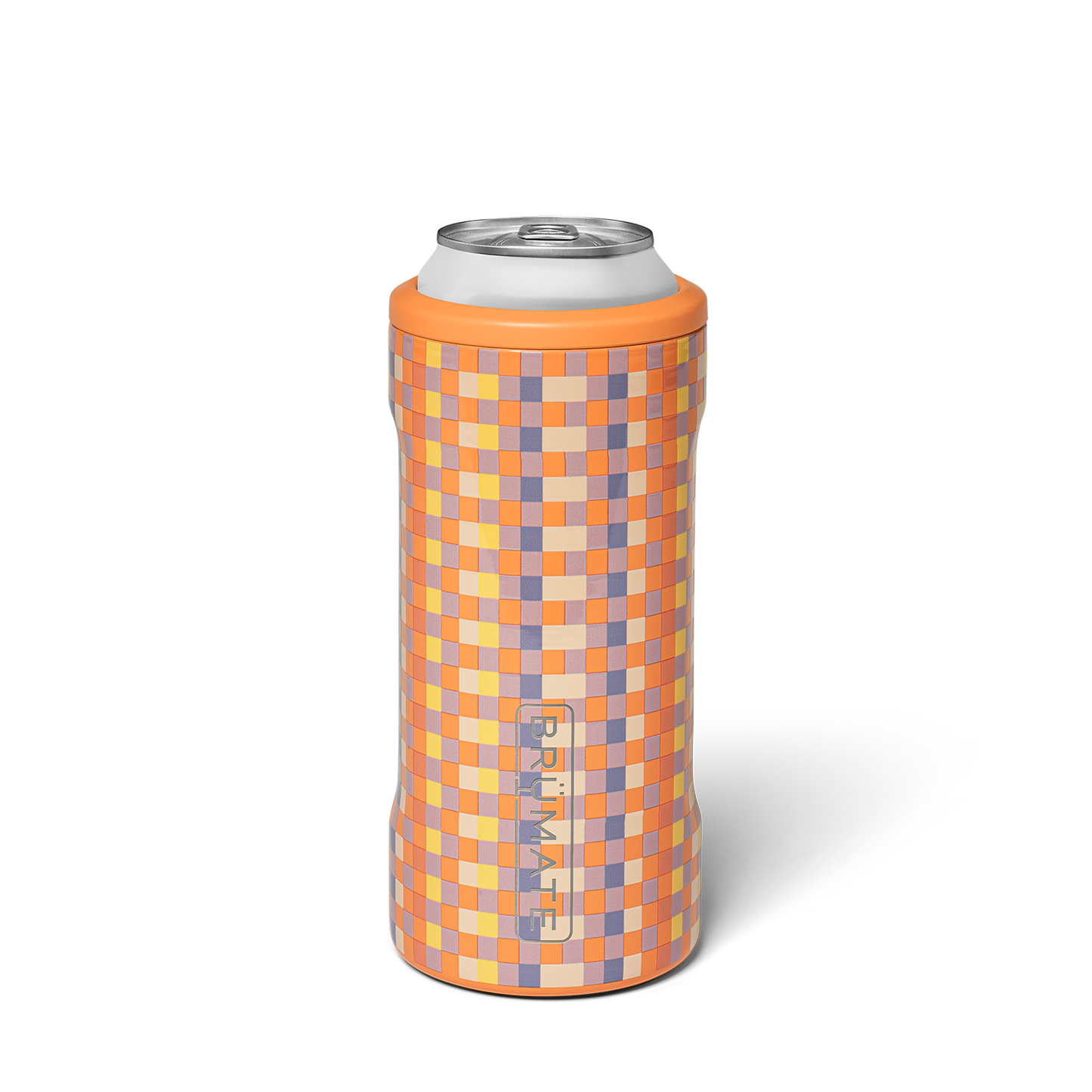 orange, purple, and yellow check patterned slim can cooler shown on a white background